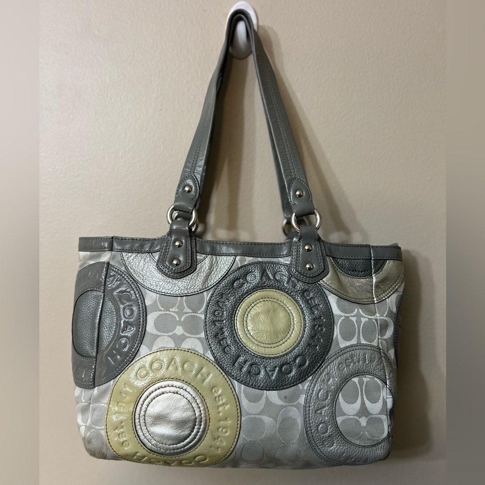 Coach Gray Signature Canvas Leather Tote Bag